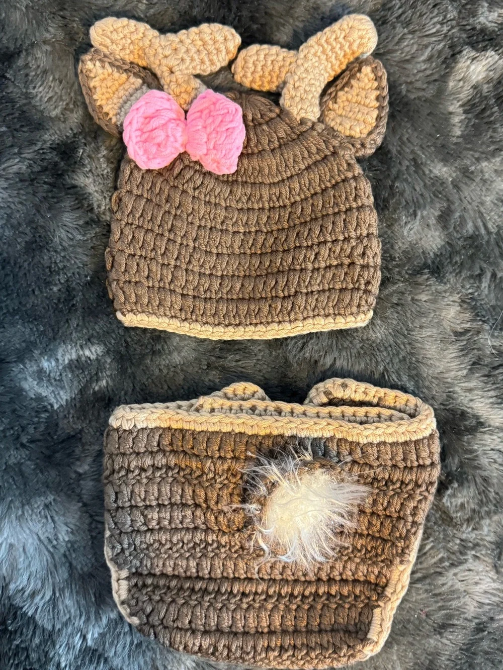 Handmade Brown Crochet Deer Hat and Diaper Cover Set with Pink Bow